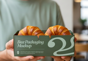 Two warm croissants nestled in a green box packaging mockup psd