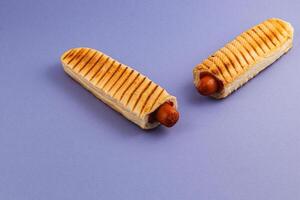 Grilled hot dogs served in toasted buns on a blue background photo