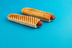Grilled hot dogs in toasted bread on blue background photo