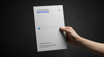 Hand Holding A4 Paper Mockup with Nordic Minimalism and Brutalist Elements, 4K with Editable Layers psd