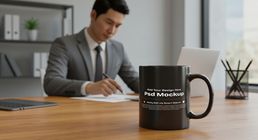 Professional Coffee Mug Mockup with Man at Desk for Branding, 4K with Editable Layers psd