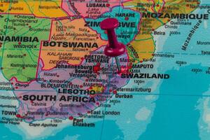 Map of southern Africa with pin marking location in Swaziland photo
