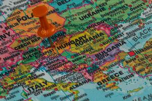 Highlighting Budapest on a colorful European map photo