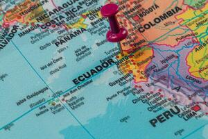 Map of Ecuador with pin highlighting location in South America photo