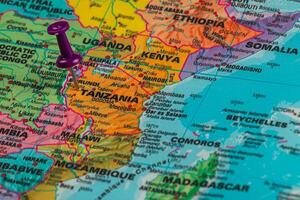 Location pin marking Tanzania on a colorful map of Africa photo