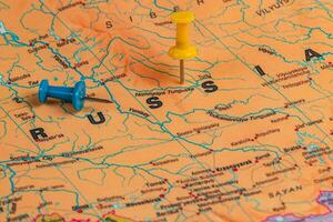 Map highlighting locations in Russia with pins attached photo