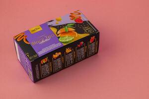 Lviv Ukraine 05.06.25 Tea selection box featuring various flavors on a soft background photo