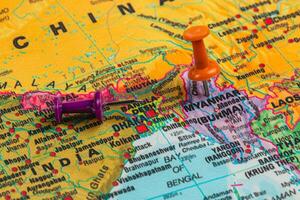 Map with location pins highlighting regions of Southeast Asia photo