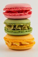 Colorful macarons stacked in a delightful. arrangement photo