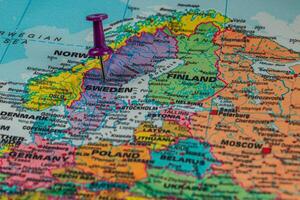Location marked on a colorful map of northern Europe photo