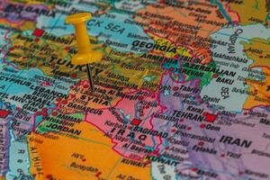 Bright yellow pin marks location in Syria on detailed map photo