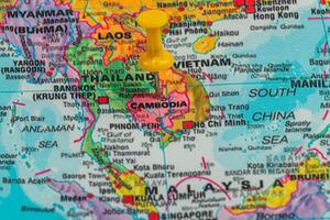 Map highlighting Cambodia with a pushpin in Southeast Asia photo