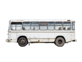 Side view of a weathered white bus, abandoned and rusty. png