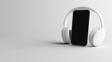 pair of white headphones with a black screen. The headphones are placed on a white surface with a plain grey background. photo