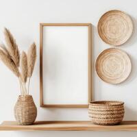 wooden shelf against a white wall. On the shelf, there is a rectangular wooden frame with a blank white background photo