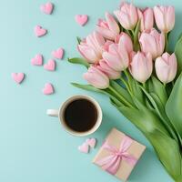 flat lay of a bouquet of pink tulips, a small gift box with a pink ribbon, and a cup of coffee on a light blue background. The tulips are arranged in a bunch with their stems and leaves photo