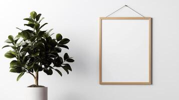 blank white poster hanging on a white wall. The poster is made of wood and is attached to the wall with a wooden frame. photo