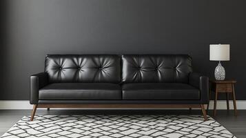 modern living room with a black leather sofa against a dark grey wall. The sofa is placed against the wall with a geometric patterned rug in front of it. photo
