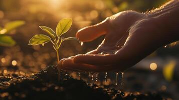 hand holding a small plant with water droplets coming out of it. The plant appears to be a young seedling with green leaves and is growing out of the soil photo