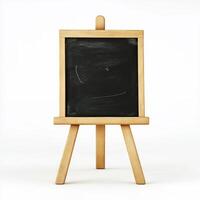 small wooden easel with a blackboard attached to it. The easel is made of light-colored wood and has four legs. The blackboard is blank and appears to be empty. photo