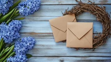 wooden background with a bunch of blue hyacinths on the left side. On the right side, there is a heart-shaped wreath made of twigs and leaves. photo