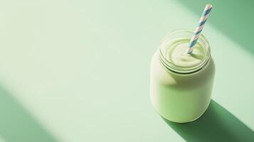 glass jar with blue and white striped straw. The jar is filled with a green smoothie or milkshake. The background is a light green color. photo