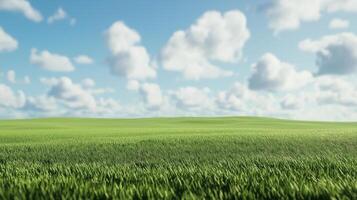 landscape photograph of a vast green field with a clear blue sky in the background. The sky is filled with white, fluffy clouds that are scattered across the horizon photo
