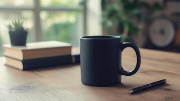 black coffee mug on a wooden table. The MUG has a handle on the right side and appears to be empty. Next to the mug, there is a stack of books and a pen photo
