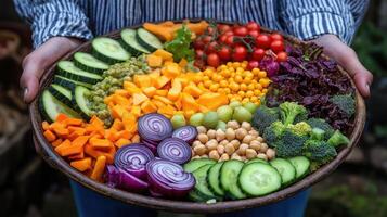 person holding a large bowl of fresh salad in their hands. The bowl is filled with a variety of colorful vegetables and fruits. photo