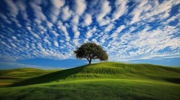 landscape photograph, On the right side of the image, there is single tree on a green hill. The sky is a bright blue with white fluffy clouds photo