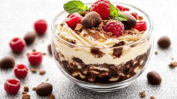 Delicious dessert featuring creamy layers, fresh raspberries, and chocolate served in a clear glass bowl during a summer afternoon photo