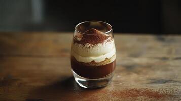 Dessert served in a glass with layers of chocolate, cream, and cocoa powder on a wooden table photo