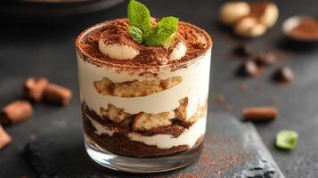 Delicious dessert features layers of mascarpone and cocoa in a glass, decorated with mint leaves and chocolate photo