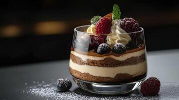 Delicious dessert featuring layers of chocolate, cream, and fresh berries served in an elegant glass on a dark countertop photo