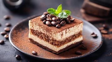 Delicious chocolate coffee dessert with cocoa and mint garnishing served on a dark plate photo