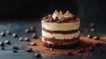 Delicious layered cake topped with coffee beans in a dark setting with a sprinkle of cocoa powder photo