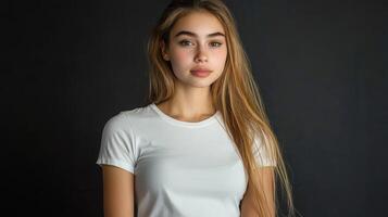 Young woman poses in simple white shirt against a dark background in a soft light setting photo