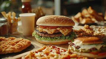 A table with a hamburger, fries and other food photo