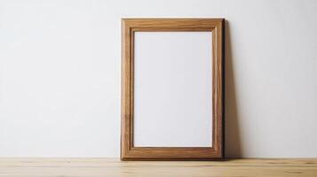 Wooden frame placed on a wooden surface against a white background for displaying artwork or photos