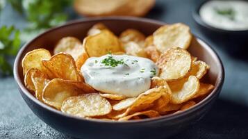 Delicious crispy potato chips served with savory dip in a cozy setting photo