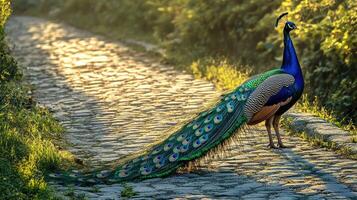 Peacock displaying its vibrant plumage along a cobblestone path in the early morning light photo