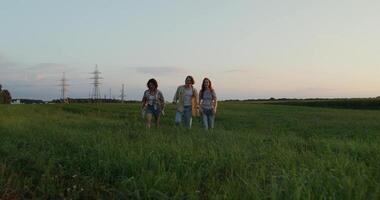 Three young people are talking while walking in a field on a summer day photo