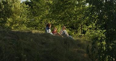 Three friends smiling and talking sitting on the grass on the edge of the forest. A sunny summer day photo