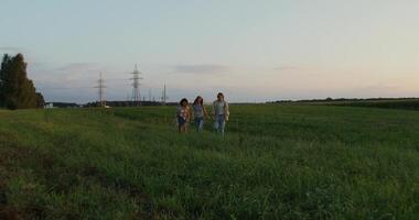 Three young people are talking and smiling while walking in a field on a summer day photo