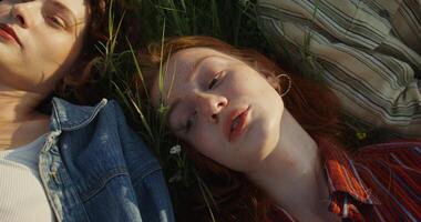 young people are talking lying on the grass in a field. They look tired and happy. View from above. photo