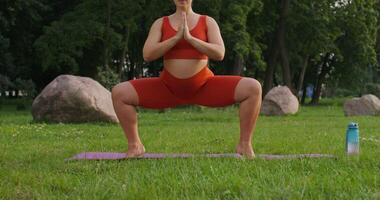 A woman in late pregnancy in sports clothes is doing Pilates in a park photo