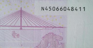 An overview of the 500 euro banknote. Quick frame change with different parts of the banknote, close-up photo