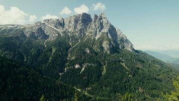 Drone view of a high-altitude valley with rocky peaks and slopes overgrown with spruce forest - overgrown photo