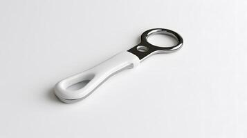 A white and black key chain with a metal handle photo