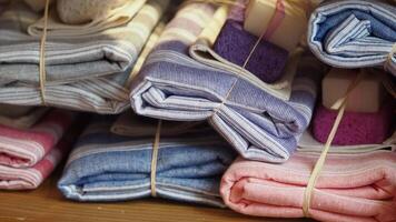 Colorful towels and sponges neatly arranged for display video